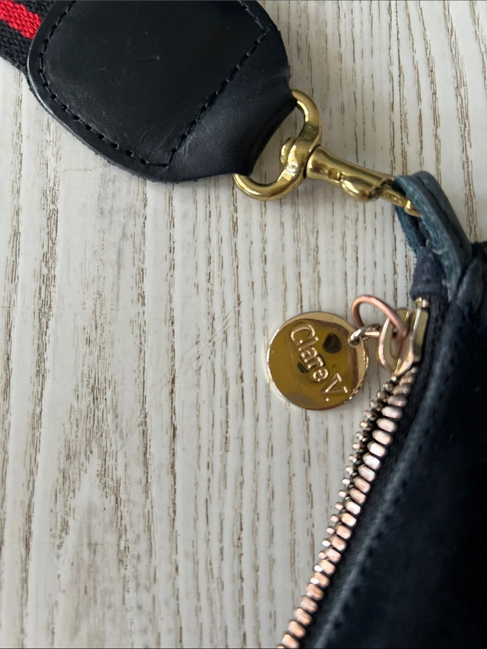Clare V Black Suede Crossbody Bag with Red-Striped Strap